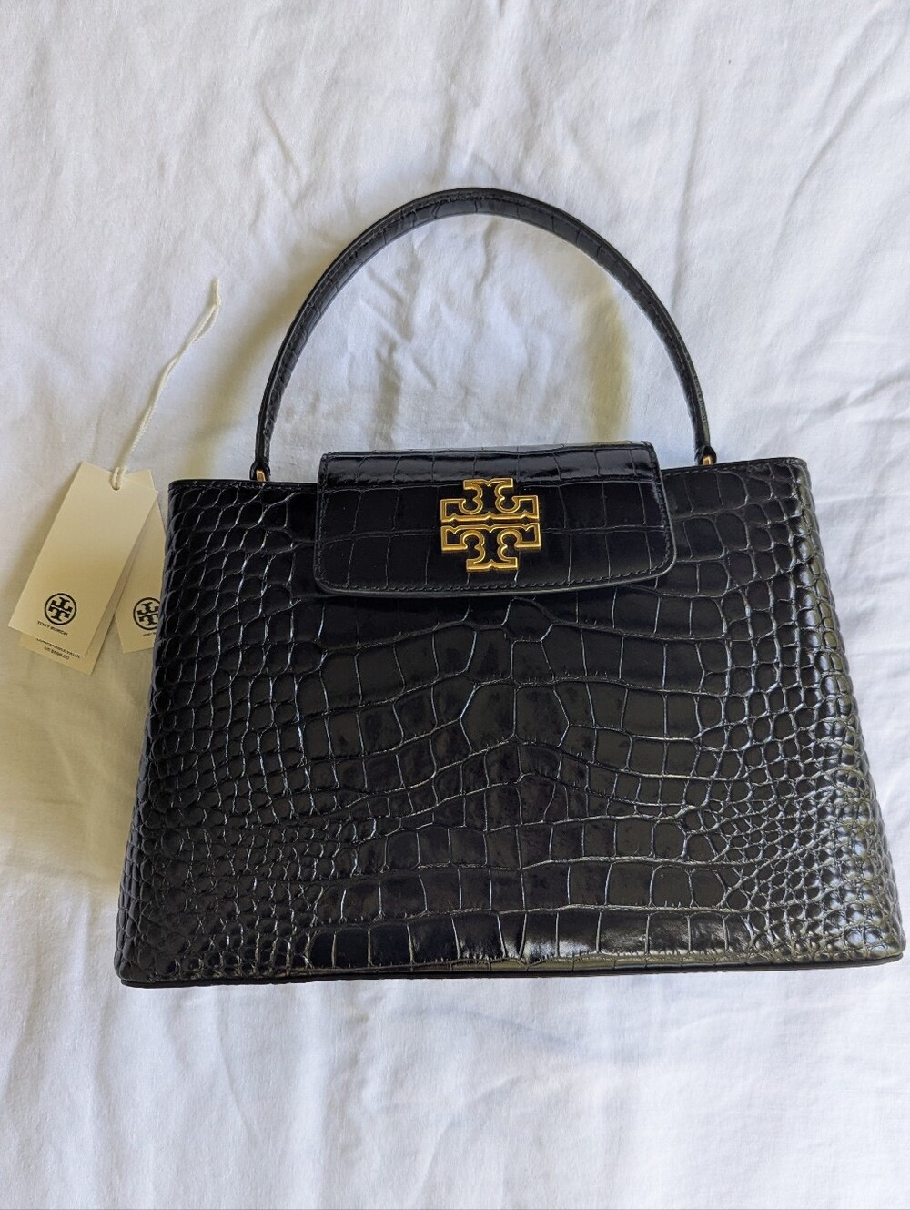 Tory Burch Black Croc-Embossed Top Handle Satchel with Gold Logo